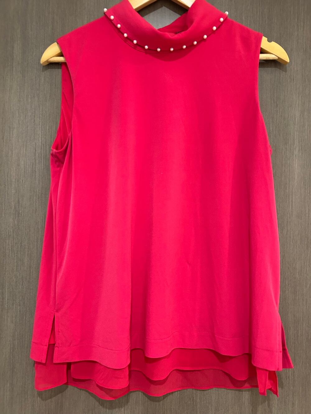 Karl Lagerfeld sleeveless pink mock neck blouse with faux pearl buttons size M